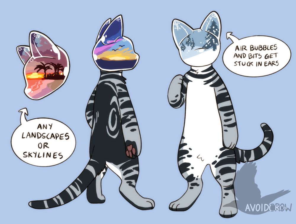 A digital character reference, front, back, and headshot, of an anthropomorphic cat. They are a silver tabby with a head that resembles a cat head shaped snowglobe. The inside is various sky and landscape views. There is text pointing at the head that says 'any landscape or skylines' and 'air bubbles and bits get stuck in ears'. The background is blue.