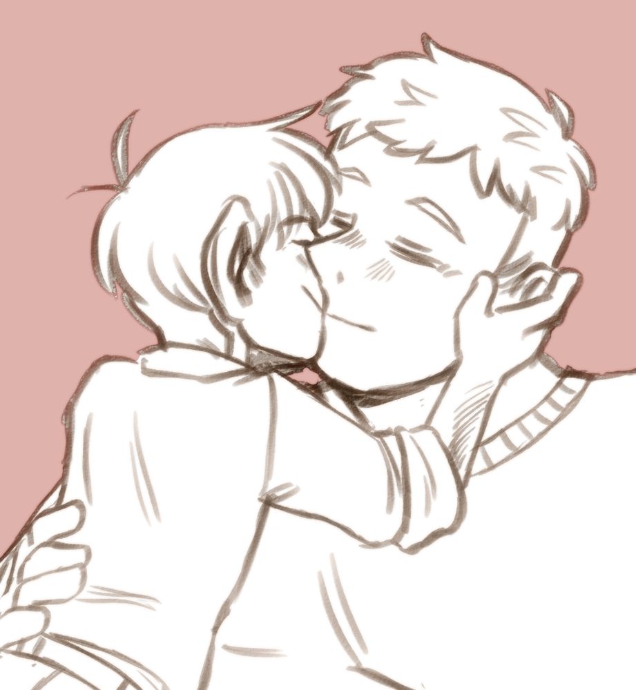 A digital sketch of Laios and Chilchuck from Dungeon Meshi kissing. They are smiling and blushing, Laios' hand is on Chilchuck's back, and Chilchuck is cupping Laios' cheek. The background is pink, the characters are uncoloured.