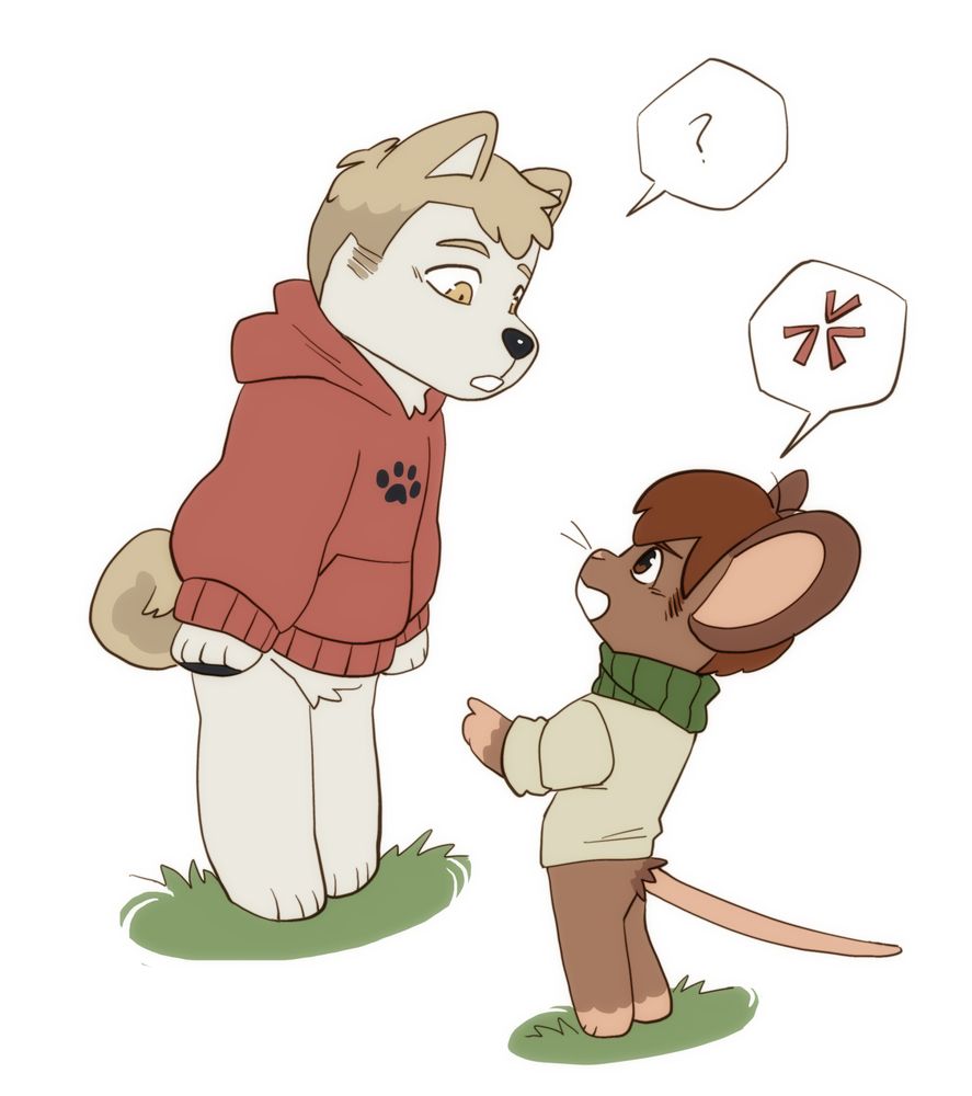 A digital image of Chilchuck and Laios from Dungeon Meshi as Animal Crossing villagers. Laios is a dog, Chilchuck is a mouse. Chilchuck looks cross, and Laios looks confused.