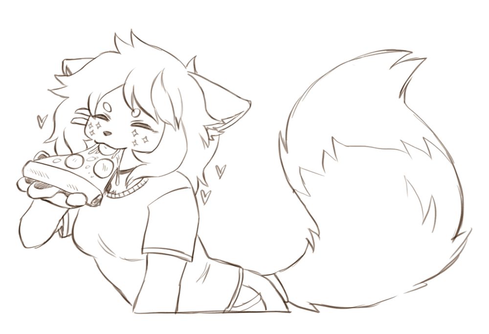 A digital sketch of an anthropomorphic fox eating a slice of pepperoni pizza. Her eyes are squinted up happily and she has hearts around her. The image is uncoloured.