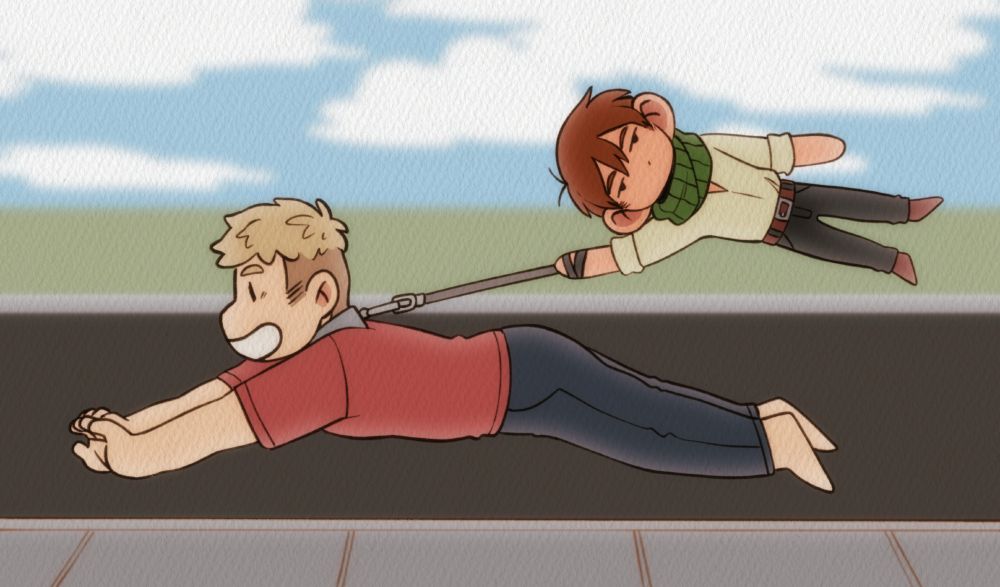 A digital image of Laios and Chilchuck from Dungeon Meshi. Laios is running on all fours down the street. Chilchuck is holding a leash attached to Laios' collar, and is being flung through the air behind him as Laios runs. Laios looks ecstatic, Chilchuck looks resigned or annoyed.