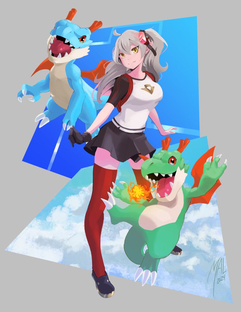 ChGuinevere's Vtuber character dressed as the protagonist of Digimon Cyber Sleuth standing between two Dracomon