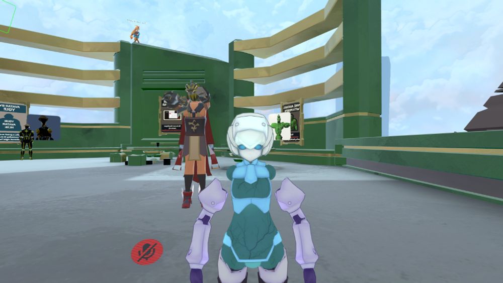 Vrchat hub world 2018 mirror with random players shown
with Robotic avatar with cracked body and separated arms looks at themselves and a mute icon shows in bottom left of image. 