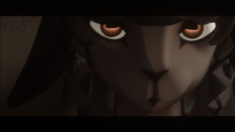 Close up portrait of orange goat eyes of an avatar 