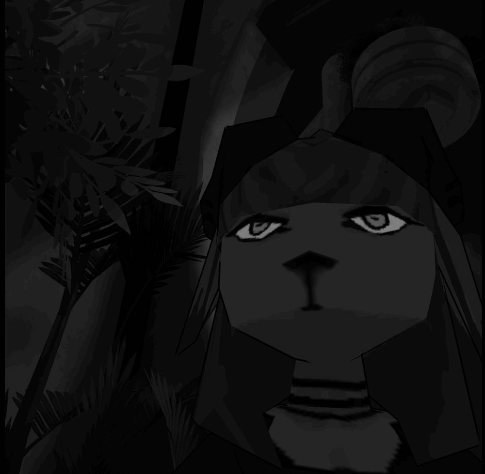 Black and white image of a low poly goat character staring into the camera with plants in the background.