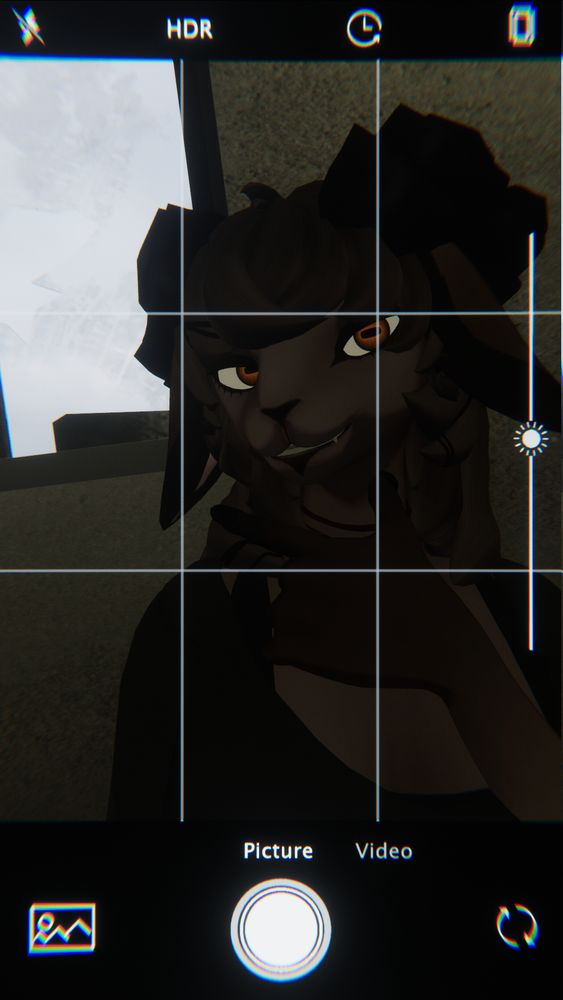 Vrchat player taking a selfie with a camera filter in 2025 shows a smiling goat :D