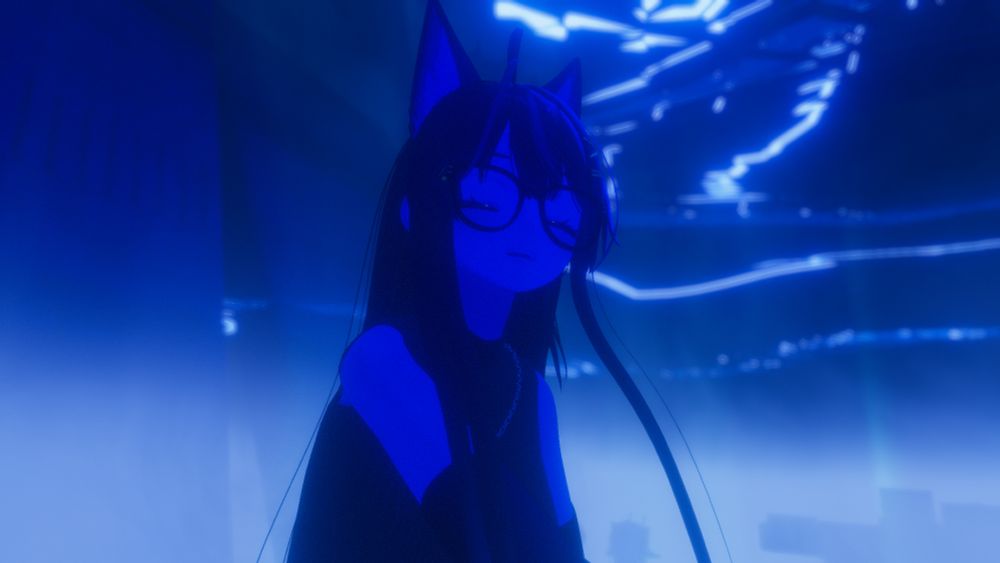 ChowChow at CONCRETE smiling with eyes closed with the blue lights and dense fog surrounding her