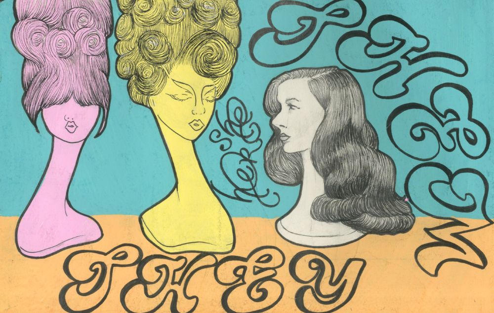 Illustration of three mannequin heads and their pronouns written as she, her, they and them. The black and white mannequin head looks at the yellow and pink mannequin heads. They all have well defined hairstyles, and the background is a blue and orange color block. Made with posca markers and micron pens on sketchbook paper. Made by Maieve Turner.