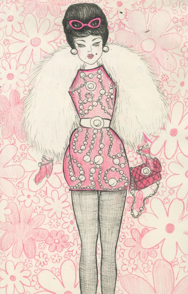 A drawing of a barbie doll with a pink and white outfit stands in the center of a pink flower filled background. There is a thick white belt around the waist and white pearls that vary in size are all over the dress in a pattern. She holds a small pink purse with a pearl chain. Made with color pencils and micron pens on sketchbook paper. Made by Maieve Turner. 