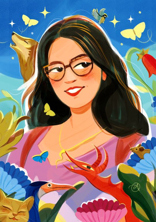 Colorful portrait of myself surrounded by plants, animals and fantastic creatures (a cormorant, a dragon, a cat, a wolf, a butterfly and a mouse).