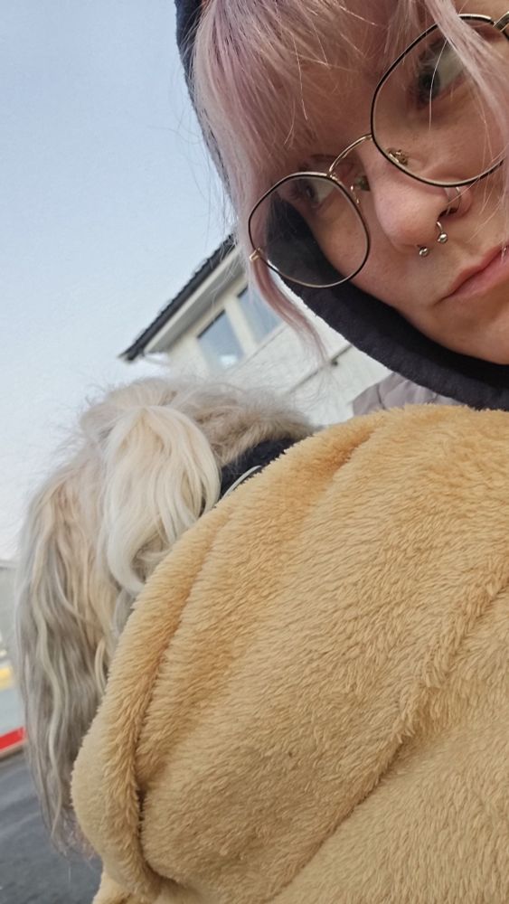 Bilde av meg som gir sideøyne til hele livet, og under fjeset mitt er et gult teppe som Cosmo er pakket inn i, samt en ser bakhodet til Cosmo. 