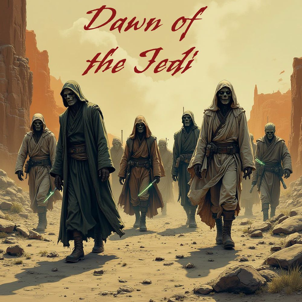 Movie poster for “Dawn of the Jedi” with Zombie Jedis shambling across a ruined landscape.

