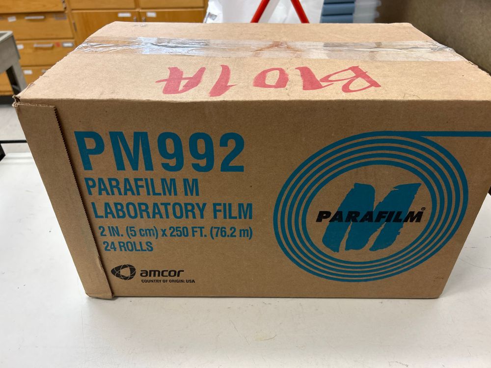 Cardboard box marked “Parafilm M Laboratory Film”. 