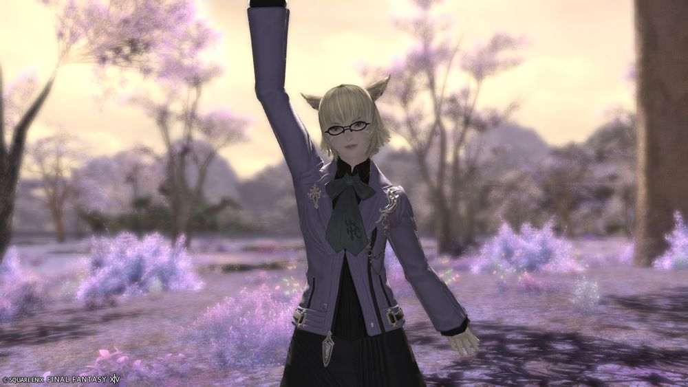 Image of Miqo'te character Lorna waving at the camera while wearing the Adventurer's gear while standing in Lakeland