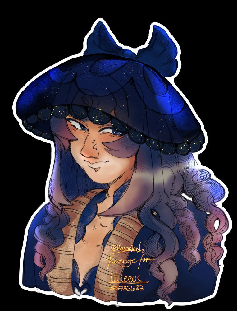 a digital bust-shot drawing of artfight user illieous' persona. he has a sort of blue silk hat-veil and blue hair that trails down to look like jelly fish tentacles. he is looking at the viewer with a mysterious smile. end id.