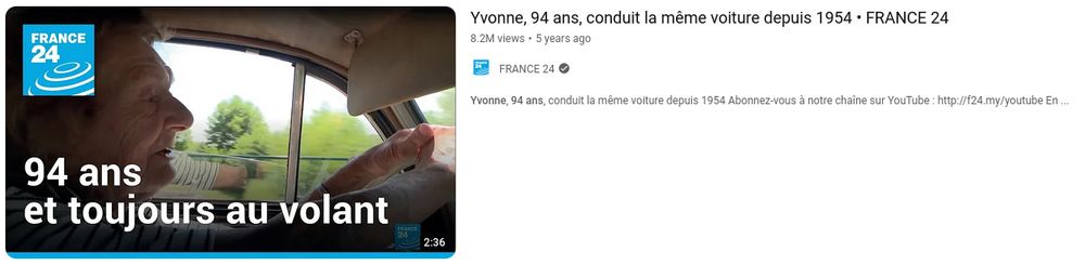 Vignette d'une vidéo YouTube intitulée "Yvonne, 94 ans, conduit la même voiture depuis 1954 - FRANCE 24"