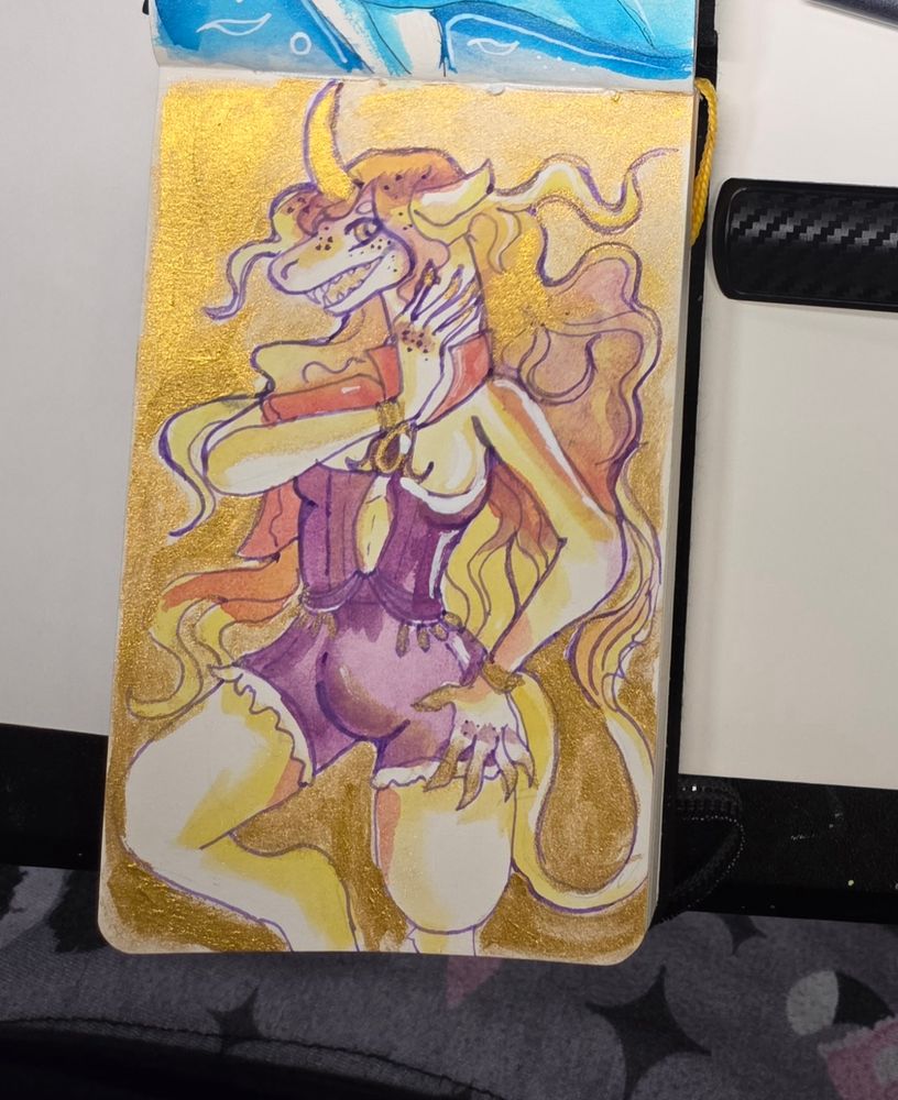 A unicorn in gold yellow and purple wearing a corset