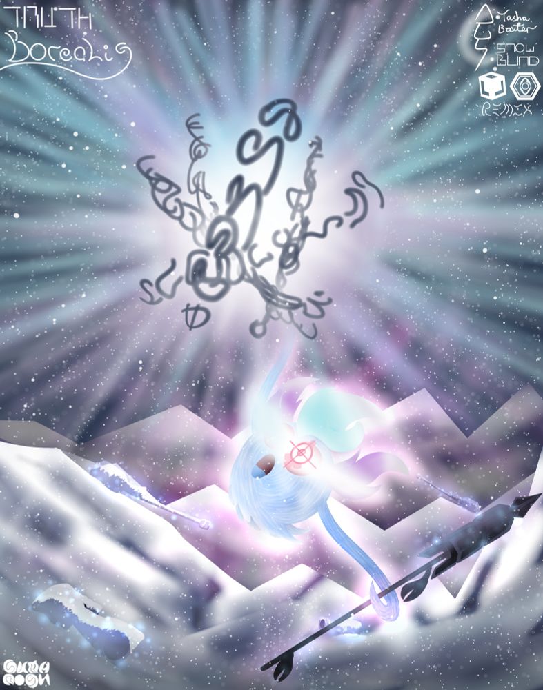 Truth Borealis, an artwork inspired by Au5 & Tasha Baxter's song 'Snowblind' (especially the modus and Agente.001 remix for it).

Frore's left arm reaches out for the Truth while her right arm holds the staff seen in Agente.001's lore (and seen in the cover art for his song Dejalo Ir). 
Her mouth is open in awe and her eyes are wide open (albeit 'snowblinded' by light as a reference to the song's title). A scope shape can be seen on a right eye as a reference to her technological side.

Snow can be seen falling all around her.

The Truth (seen in modus' New Year Protocol series) emits light that's coloured similarly to the Northern Lights.

Mountains covered in snow can be seen in the background. Artillery cannons can also be seen on the mountains covered in snow (as a referenced to Agente.001's song 'Spectral Artillery').

Text on the top right: Truth Borealis
Text/icons on the top right: 
Au5 (logo) and Tasha Baxter - SNOWBLIND (modus and Agente.001 Remix, as shown by their artist icons and the word 'REMIX' respectively)
Text on the bottom left: SUMAQOSH (the creator of the fanart)