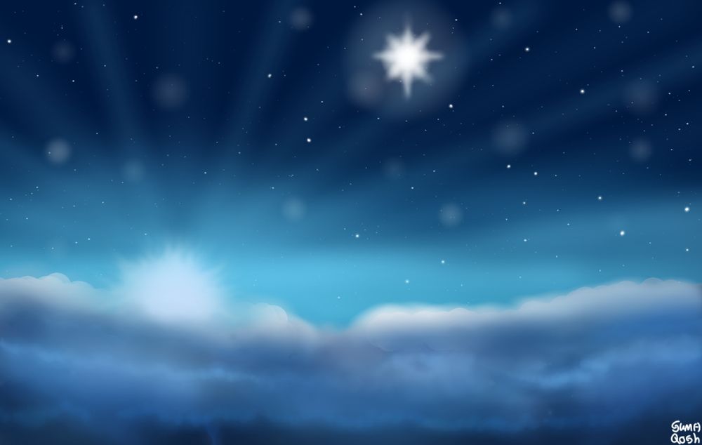 A field of clouds can be seen. A large glowy object can be seen illuminating the clouds.

Stars can be seen in the night sky as well as a large star near the top middle.

This artwork looks as if a person has entered the upper parts of an atmosphere with all of the clouds being at the bottom of the artwork with there only being the night sky and stars above them.