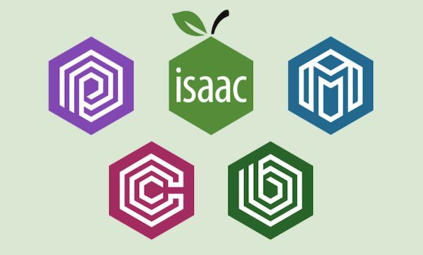 Isaac logo, a green hexagon with "isaac" written inside and stylised as an apple surrounded by four hexagons in different colours with an abstract-looking rendering of the letters "P", "C", "M" and "b"