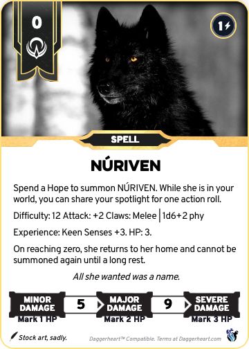 A Daggerheart RPG spell card with a wolf-shaped shadow beast named Nuriven.