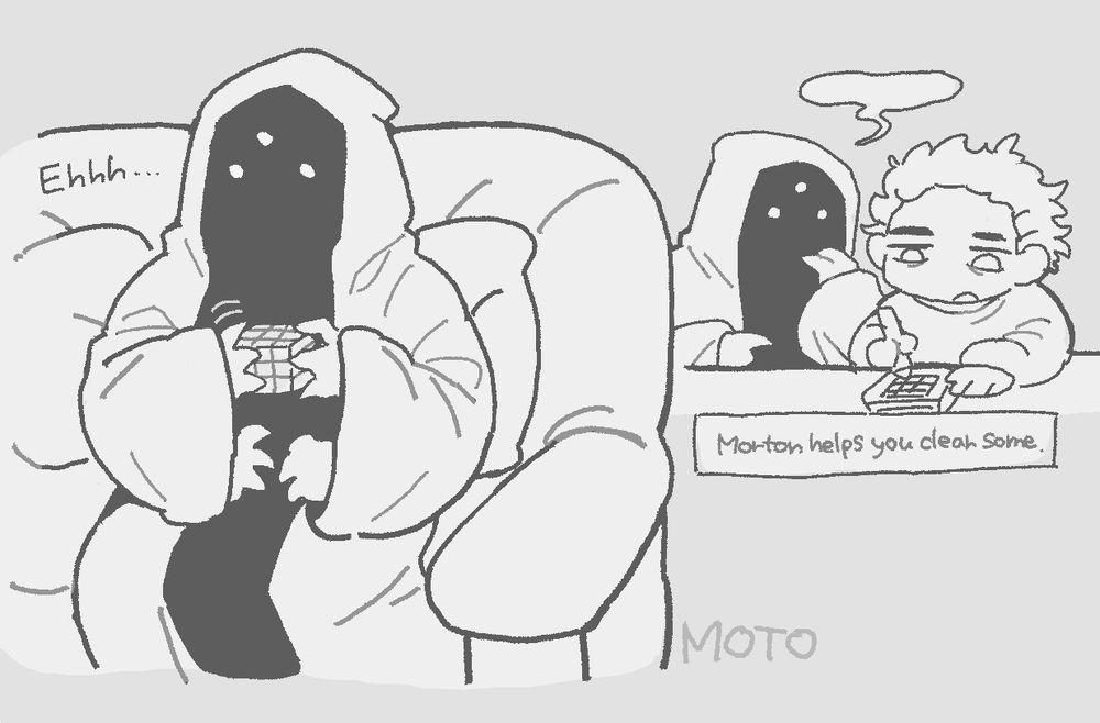 モートンのらくがき
左: ルービックキューブを解くモートン
右: サムがクロスワードパズルを解いている横で助言をするモートン　テキスト: Morton helps you clear some.