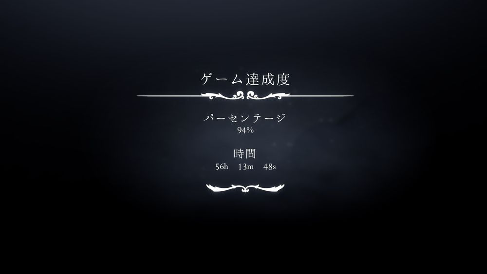 シンクソングのゲーム達成度の画面。ぱーせんてーじは94%で、プレイ時間は56時間13分48秒