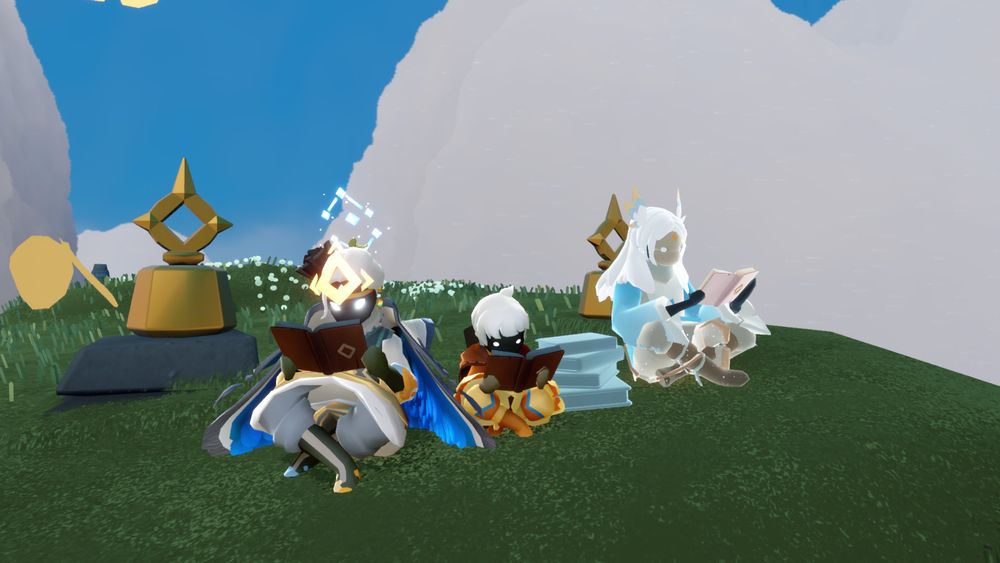 skyのスクリーンショット
本を読む自キャラ2人と羽ばたく案内人