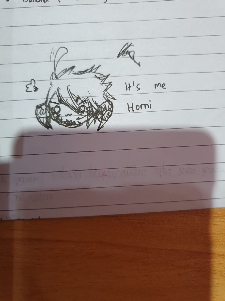 A small sketch of a Aura from Final Fantasy XIV with the text "It's me Horni" written next to the character.