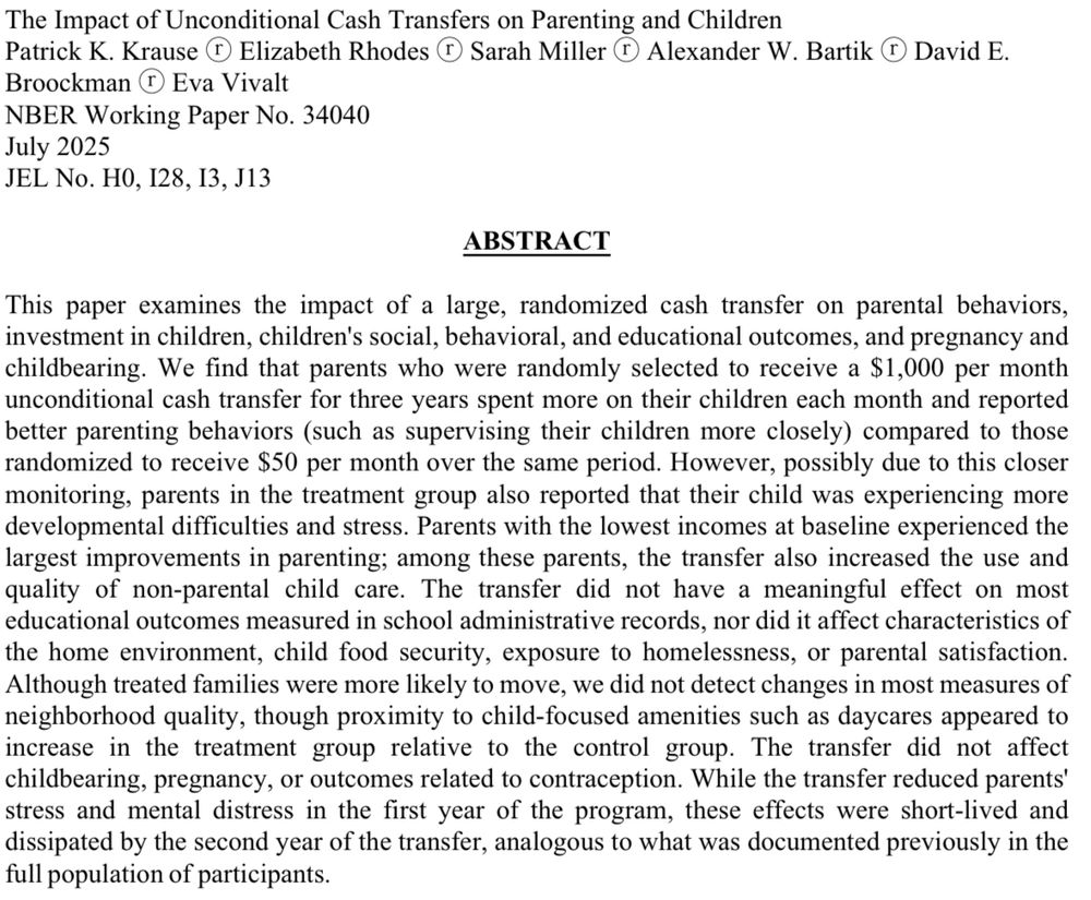 Abstract for NBER WP 34040, “The Impact of Unconditional Cash Transfers on Parenting and Children”
