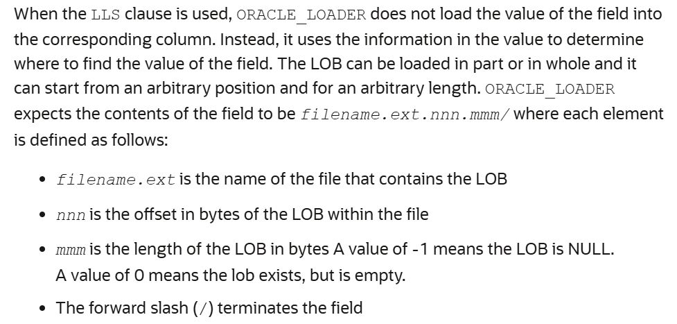 Excerpt of "Oracle Database Utilities Guide" describing how data is processed when the LLS clause is used.
