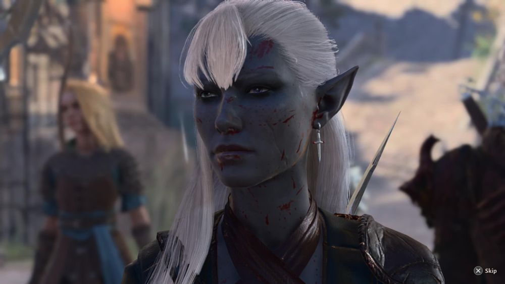 Victorine, a Drow with a glass eye wearing black and dark red leather armor