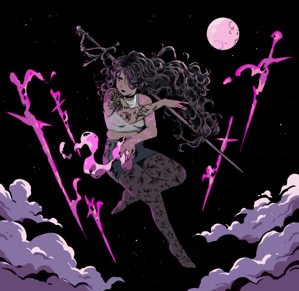 Color piece, drawing of a witch floating in the night sky, surrounded by glowing purple/pink swords she just summoned, a real giant rapier hovering next to her, her long curly hair almost wrapped around its blade She has roses and thorns tattooed on her right upper arm, glowing magical patterns on the left one, a white tank top, skirt, tight with floral patterns, no shoes, and a fierce expression on her face Pink moon and purple clouds in the background 