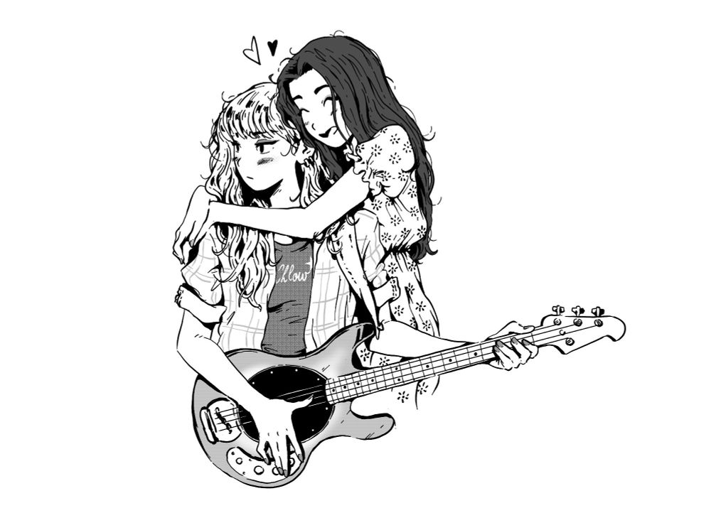 Two characters from Hello, Melancholic, one is playing bass while the other gives her a cute loving hug