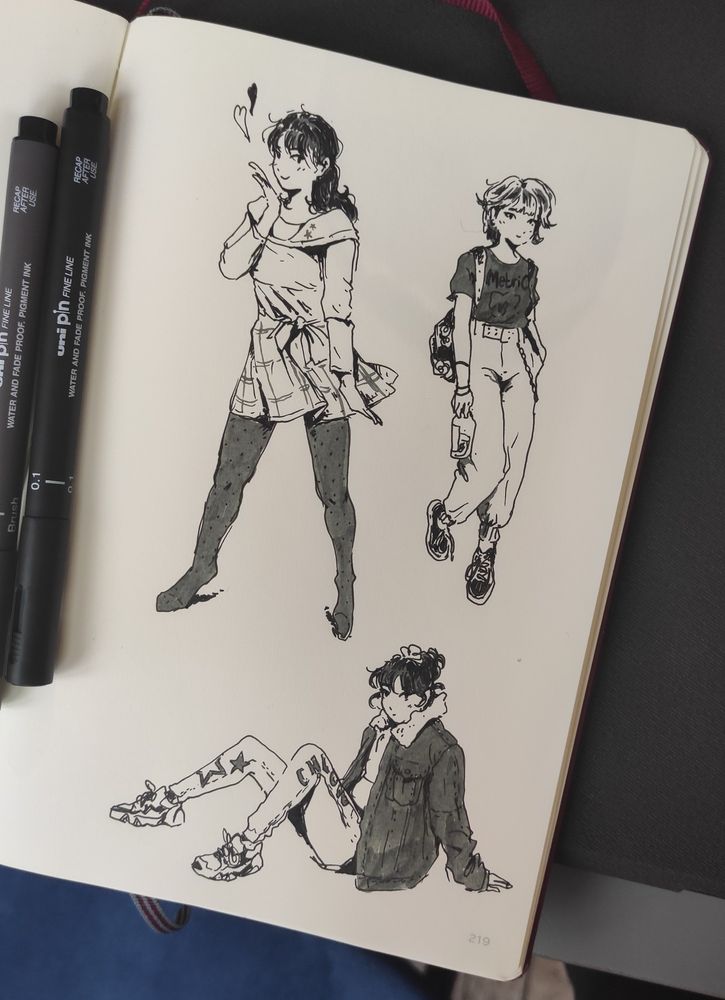 Ink study drawings on a sketchbook page
One woman dancing, wearing a dress and tights
One woman with a Metric shirt, high waist pants, sneakers, short hair, holding a water bottle in her right hand
One woman sitting on the floor, wearing a jean jacket, sweatpants, sneakers, hair loosely held in a bun