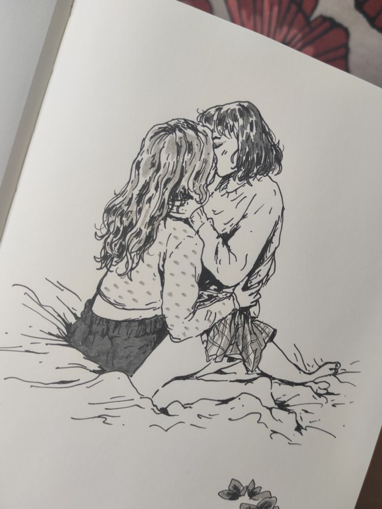 ink drawing on a sketchbook, study of a pic of two women kissing, one sitting on top of the other, on a bed