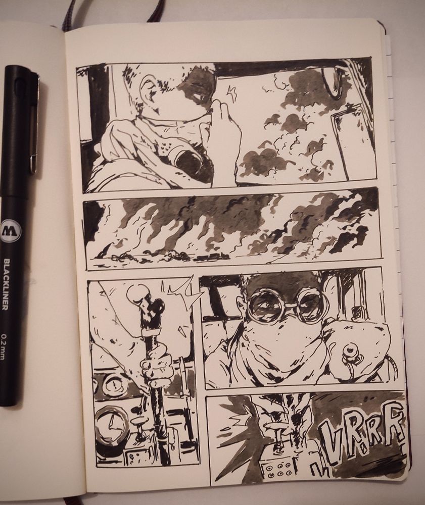 Sketchbook page with a freehand ink one page comic, study of the Mad Max Fury Road scène where Furiosa drives into the sandstorm 