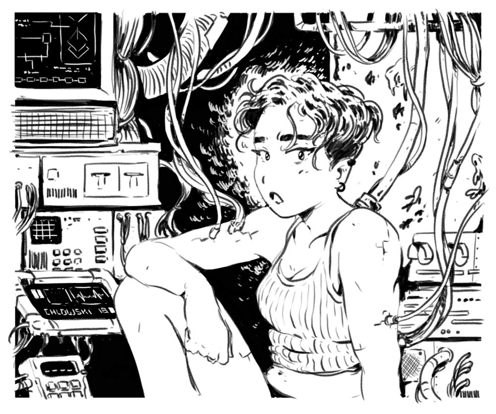 black and white drawing of a woman, linked to computers and monitors by a lot of cables, giving cyberpunk vibe