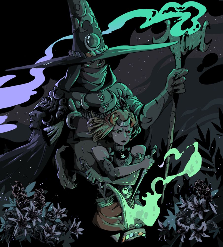 fanart of Hades 2, Hecate standing behind Melinoë as a protector, looking at her, wielding a scepter
Melinoë looks fierce, arms crossed, each hand holding a weapon
both of them in purple & green lighting
also flowers in the foreground