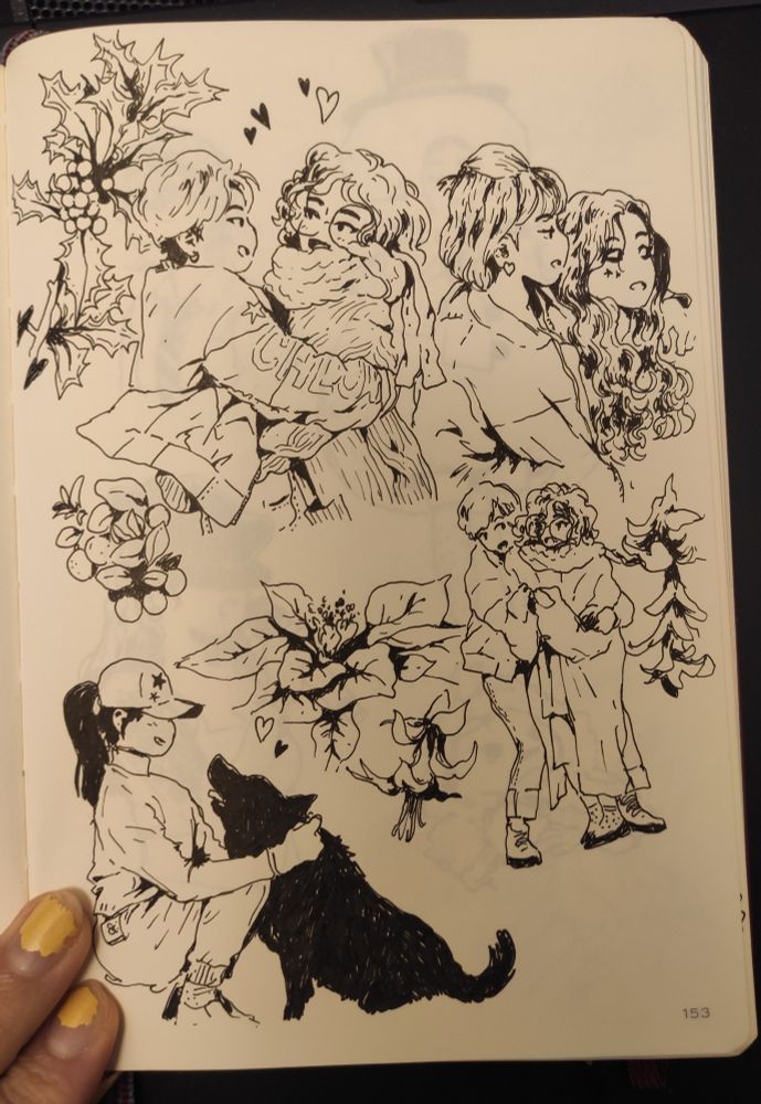 Pic of a sketchbook page with ink drawings on it : three lesbian couples hugging or being all cuddly, flowers, and a woman petting her big black dog