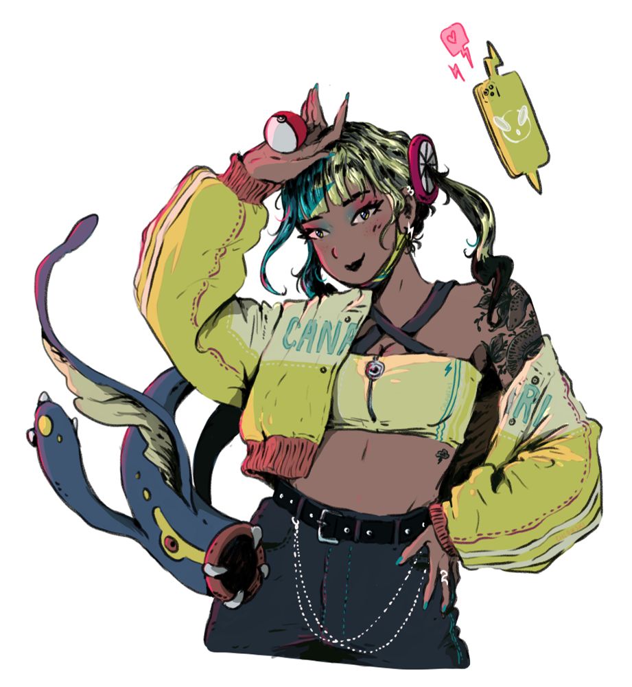fanart of Canari from Pokรฉmon Legends ZA, with her Eelektross, right hand holding a pokeball and resting on her head, motismart floating next to her, left hand on her hip