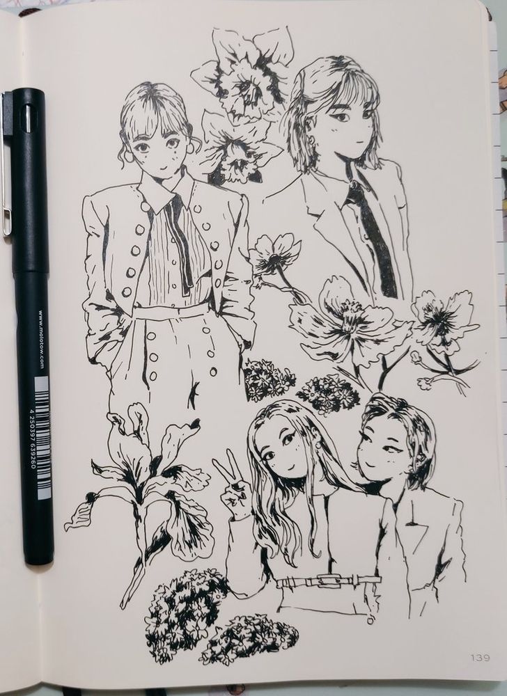 sketchbook page, inks of kpop idols studies among flowers