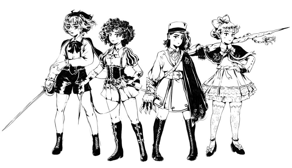 ensemble drawing of the four individual magical girl sketches previously posted