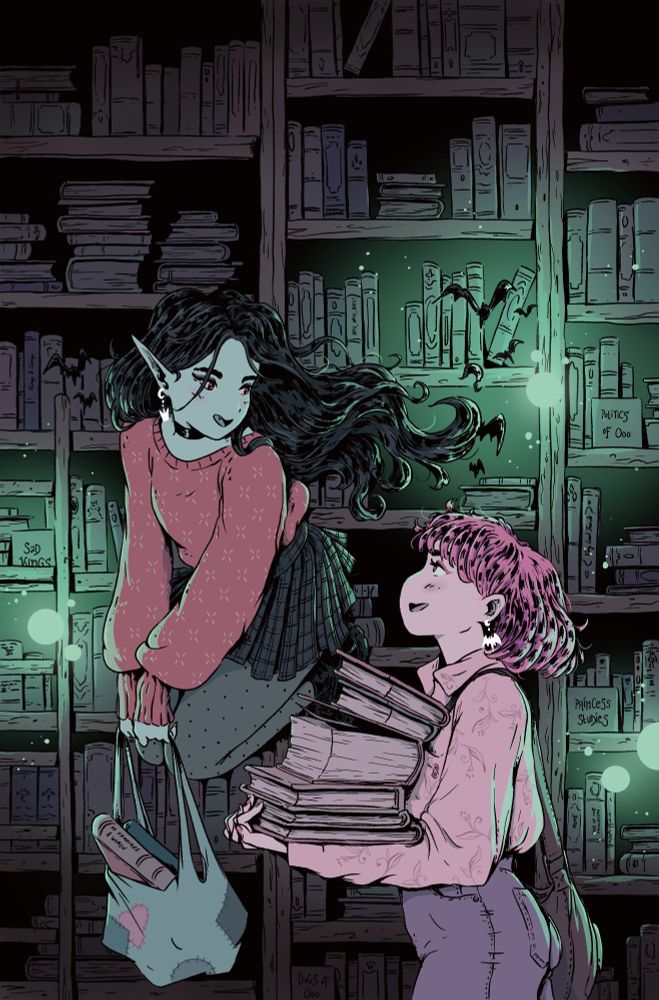 cover for the Adventure Time comic, "Bubbline College Special", showing Marceline and Bubblegum having a cute hangout at the college library, Marceline is floating holding a bag filled with books, Bubblegum next to her arm full of books