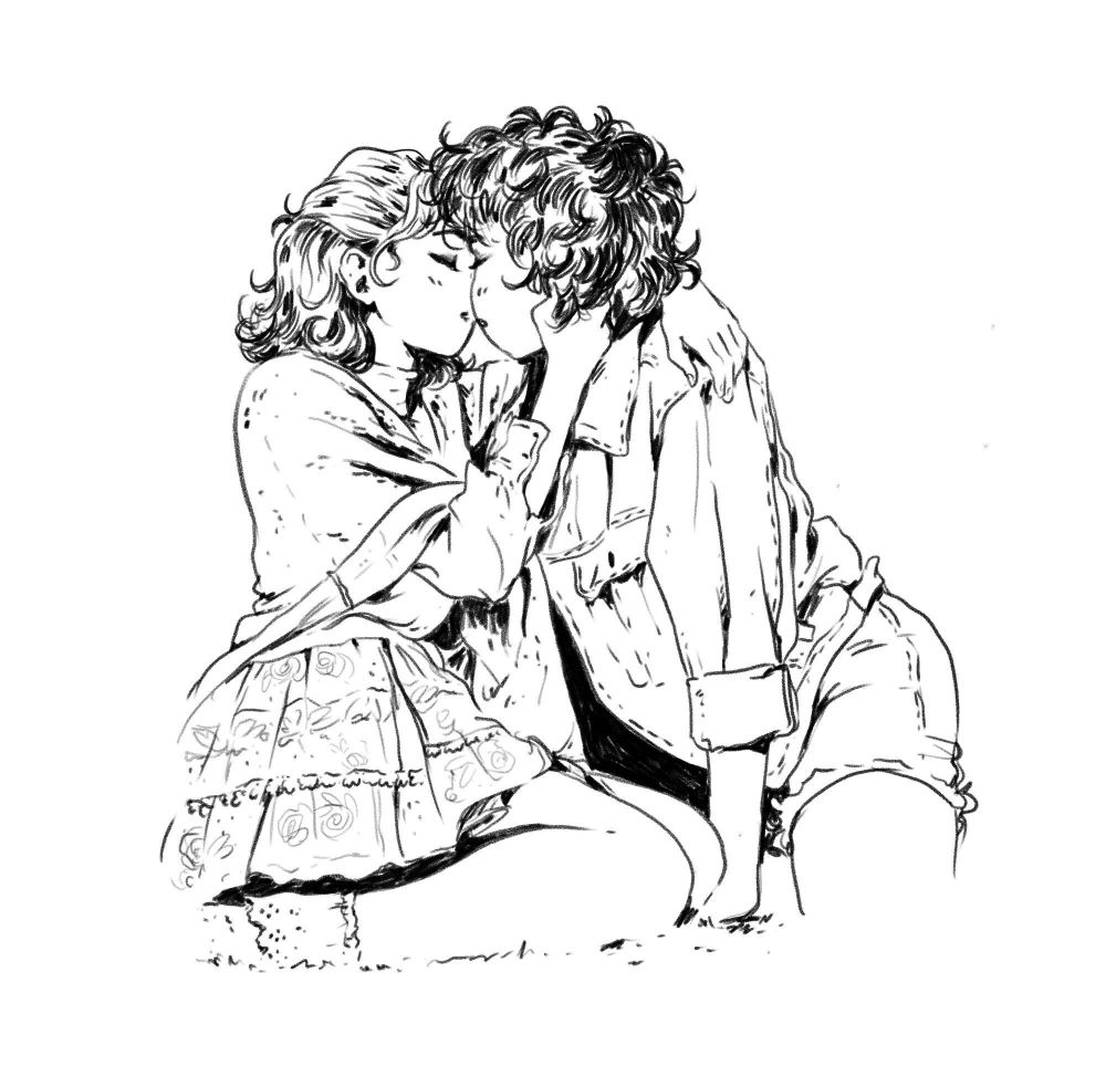 Sketch drawing, study of a pic, of two women sitting on the ground, kissing
One is wearing a dress, the other tiny jean shorts and a loose open shirt