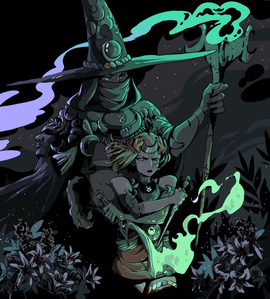 Hades 2 fanart showing Melinoe wielding her dagger and scythe, looking fierce, with Hecate behind her as some sort of guide/mentor