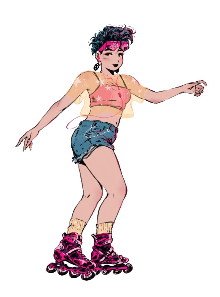 fanart of Jubilee from the X-Men, roller blading, wearing jean shorts, pink bra underneath a transparent yellow crop top with stars on it, vibrant pink roller blades, pale yellow socks, yellow nail polish, her classic pink shades