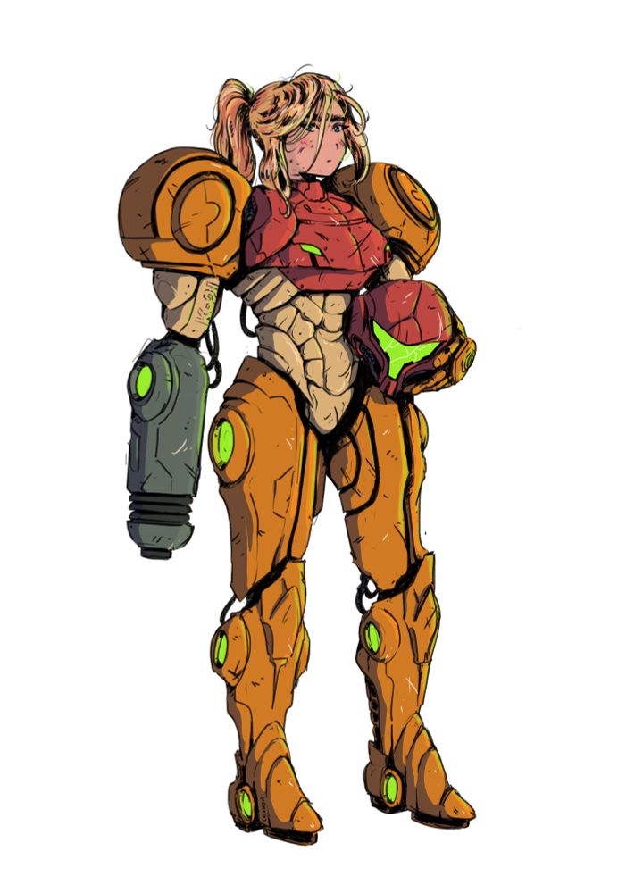 fanart of Samus Aran from Metroid, wearing her armor except the helmet is off and she's holding it close to the chest, with her left hand
her armor is a blend of different design, with an organic feel to it, some cables