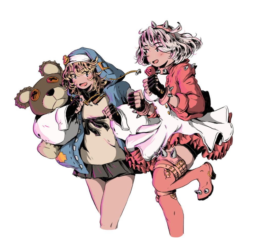 Bridget and Elphelt, two characters from Guilty Gear, running side by side (to some fight, probably), being very good friends