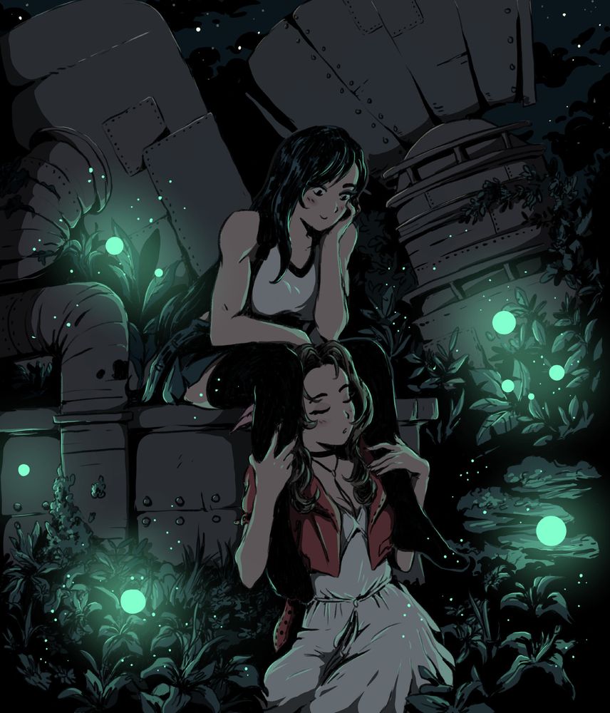 Tifa and Aerith from FF7, Aerith is asleep between Tifa's legs, among ruins with glowing mako-things floating around
Tifa's looking over her, all sweet and tender